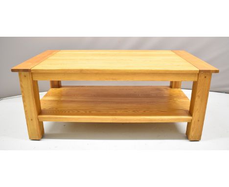 Modern elm or similar coffee table with shelf below, L120 x W65 x H51cm