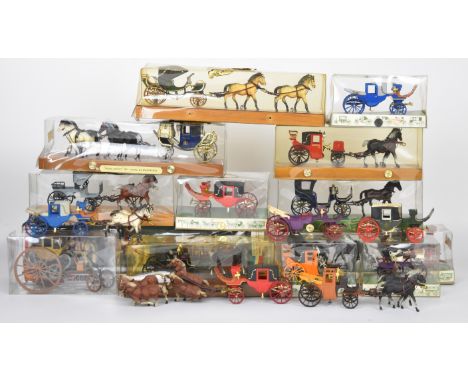 Seventeen Brumm Historical Series horse and carriage sets together with a Corgi State Landau 1902, most in original boxes.