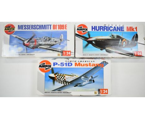 Three Airfix 1:24 scale plastic model fighter plane kits comprising Hawker Hurricane Mk1 14002, North American P-51D Mustang 