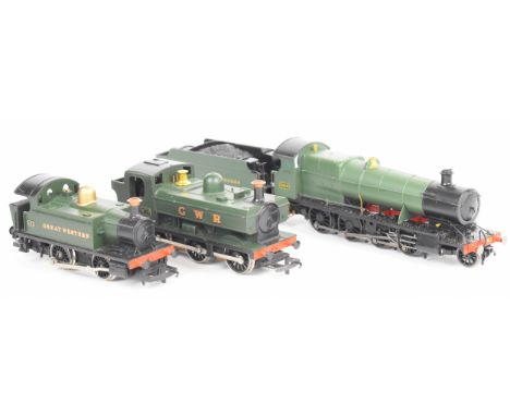 Three Hornby GWR 00 gauge model railway locomotives comprising Class 2600 R2818 and two pannier tanks.