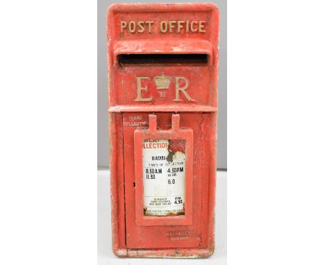 Elizabeth II cast iron and steel post box with enamel plate to front giving collection times, overall height 62cm