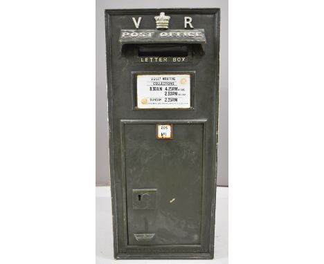 Victorian cast iron wall mounted letter box with VR cypher and crown to top, set with an enamel plate for Wratting (possibly 