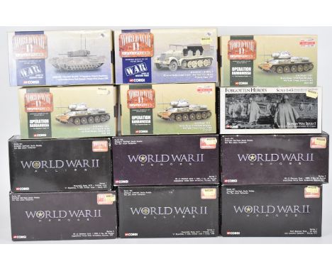 Twelve Corgi 1:50 scale diecast model tanks and similar military vehicles from the World War II Heroes and similar collection