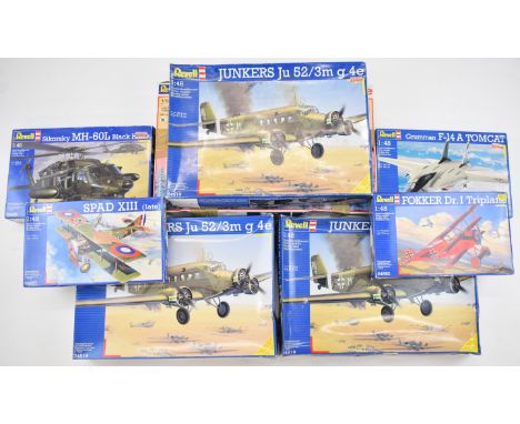 Eight Revell 1:48 and 1:32 plastic model aircraft kits including Sikorsky MH-60L Black Hawk 04458, Junkers Ju 52/3m g 4e 0451