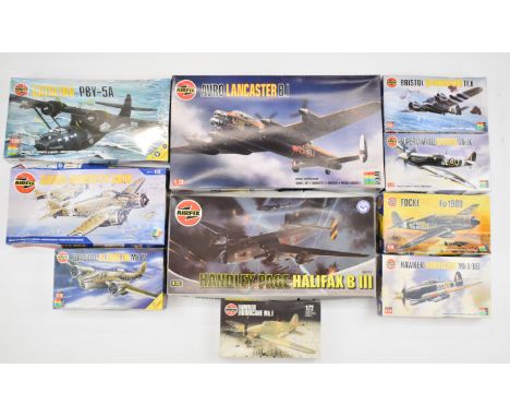 Ten Airfix 1:72 scale plastic model World War 2 aircraft kits to include Hawker Hurricane 02067, Bristol Blenheim Mk IV 02027