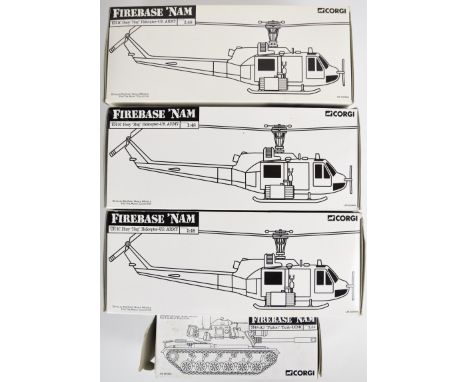 Four Corgi Firebase 'Nam 1:48 and 1:50 scale diecast model military vehicles comprising three UH-1C Huey 'Hog' Helicopters US