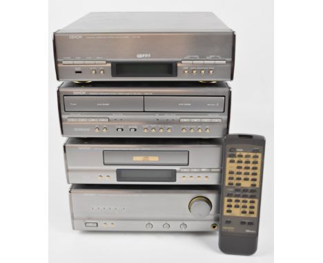 Denon D-110 Hi-Fi system comprising tuner, amplifier, compact disc player and cassette tape deck, with remote control.