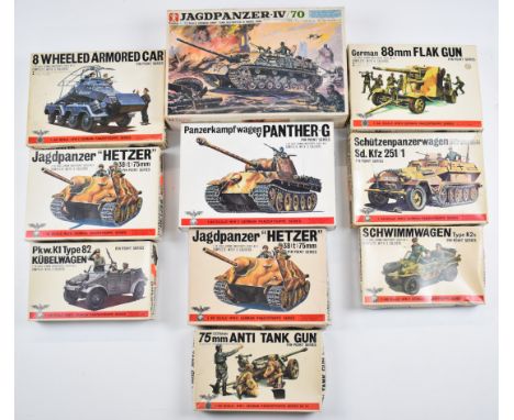 Ten Bandai 1:48 and 1:30 scale WW2 German military vehicles to include JagdPanzer-IV Tank Destroyer, Panzerkampfwagen V Panth