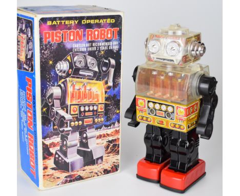 Battery operated tinplate and plastic 'Piston Robot' by SJM (Taiwan), height 28cm, in original box.