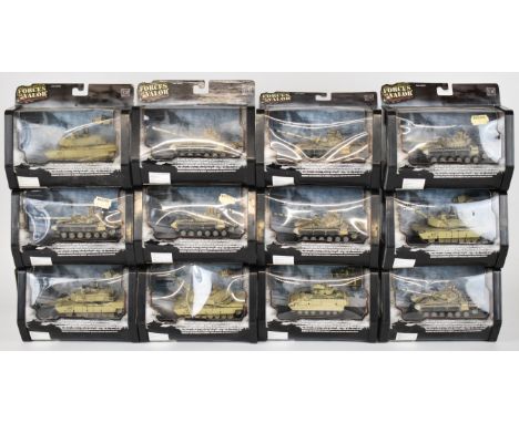 Twelve Unimax Forces of Valour 1:72 scale diecast model tanks to include U.S. M1A2 Abrams, M3A Bradley and Iraqi T-72, all in