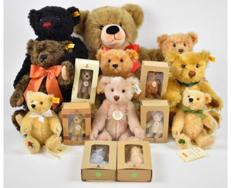 Fifteen Steiff Teddy bears, each with original tags and button in ear to include Teddybar 30 Anniversary USA, tallest 50cm