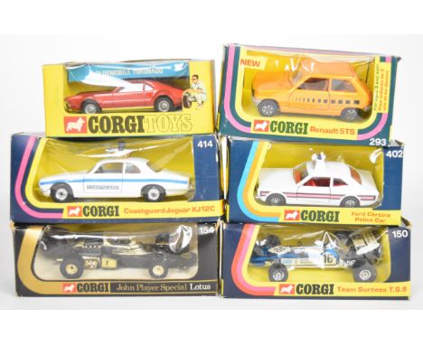 Six vintage Corgi diecast model cars comprising Oldsmobile Tornado 276, Renault 5TS 293, Ford Cortina Police Car 402, Coastgu