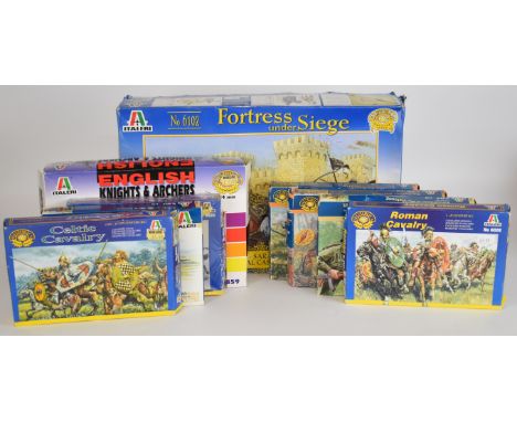 Nine Italeri 1:72 scale historical wargaming plastic model kits to include Celtic Cavalry 6029, Barbarian Warriors 6048, Amer