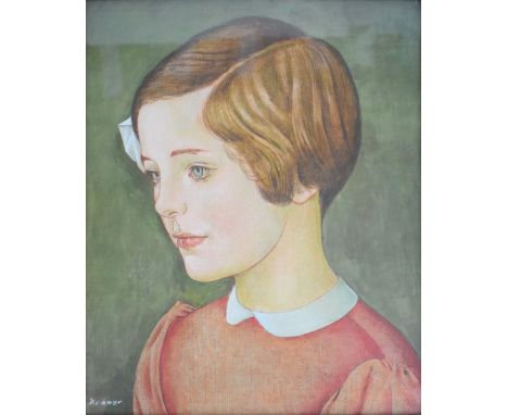 Jacob Kramer (1892-1962) oil on board portrait of a young girl, the girl being vendor's mother aged 8/9, Kramer often stayed 