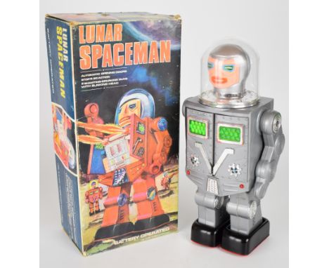 Battery operated plastic bodied 'Lunar Spaceman' robot by Mego, height 30cm, in original box.