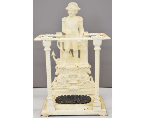 19thC figural cast iron Lord Nelson stick/umbrella stand with 'Nelson' to casting and lift out drip tray, W49 x D25 x H79cm