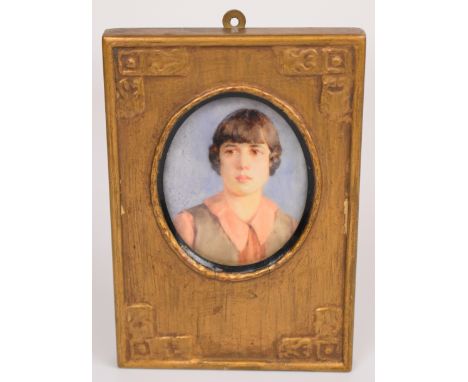 Early 20thC portrait miniature of a lady, the likely ivory panel attached to a postcard with name and address of D.G. Bond, S