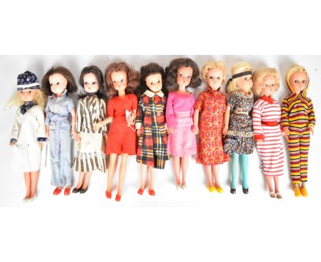 Ten vintage Sindy dolls by Pedigree dressed in original 1970's outfits.