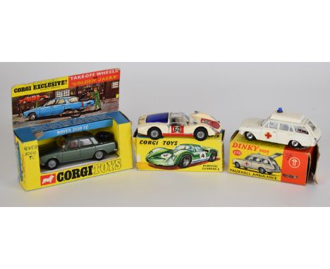 Three vintage diecast model cars comprising Corgi Rover 200TC 275, Porsche Carrera 6 330 and Dinky Vauxhall Ambulance 278, al