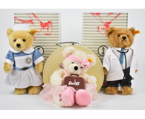 Three Steiff Teddy bears comprising Nurse 690471, Doctor 690723 and Ballerina 111914,tallest 28cm, all with tags, button in e