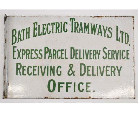 Bath Electric Tramways Ltd parcel office double sided vintage enamel advertising sign by Chromo Wolverhampton, 33 x 51cm,&nbs