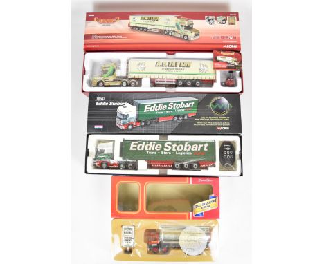 Three Corgi 1:50 scale diecast model haulage vehicles comprising 'Sight &amp; Sound' Scania Topline Curtainside Eddie Stobart