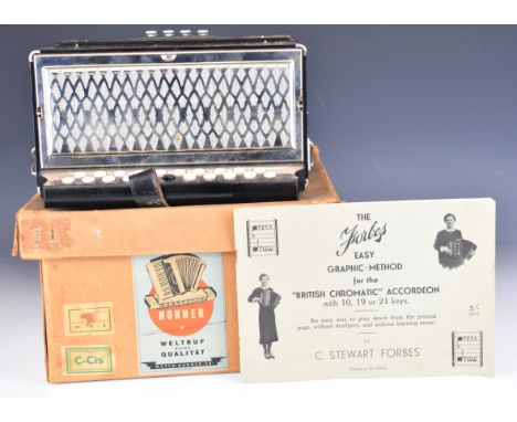 Hohner Black Dot Double Ray British Chromatic accordion with 21 treble keys and 8 bass, in original box with instruction book