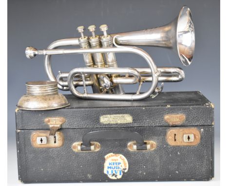 FB Besson Westminster silver plated standard cornet, length 35cm, in case with mouthpiece and mute.