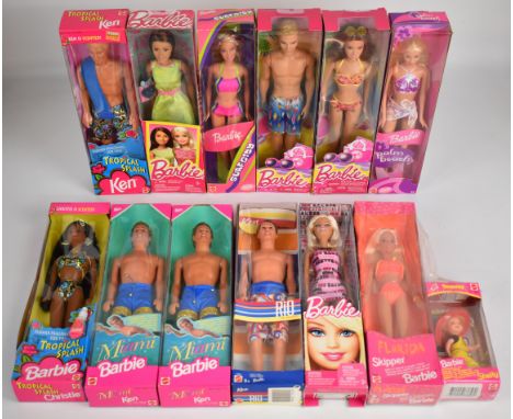 Twelve Mattel Barbie dolls dating to the 1990's and 00's to include Palm Beach 53457, Miami Ken 16170, Surf City 28417 and Tr