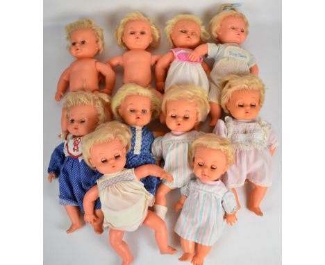 Ten vintage Palitoy Tiny Tears dolls, most in original clothing.