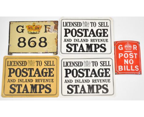 Post Office interest signs comprising GWR 868 hand painted sign, enamel GR vintage style enamel 'post no bills' sign and thre