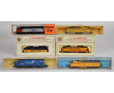 Six N gauge Minitrix, Bachmann and similar American diesel locomotives to include EMD F9 Diesel 'Chessie' and FM 'C' Union Pa