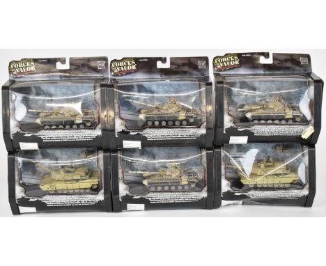 Six Unimax Forces of Valour 1:72 scale diecast model tanks to include U.S. M1A2 Abrams and Iraqi T-72, all in original boxes.