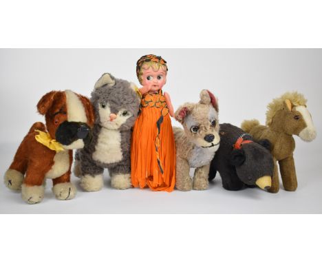 Five vintage Steiff, Merrythought and similar plush toys together with a 1930's celluloid doll in original crepe costume.