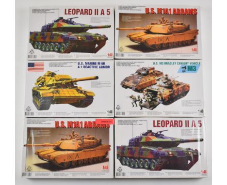 Six World Famous Motorised Tanks Series 1:48 scale motor driven plastic model kits to include US M1A1 Abrams, Leopard II A5 a