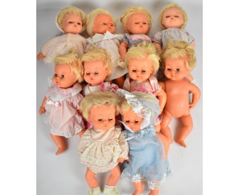 Ten vintage Palitoy Tiny Tears dolls, most in original clothing.