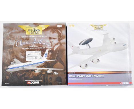 Two Corgi Aviation Archive 1:144 scale diecast model aeroplanes comprising Boeing 707-321 Pan Am AA32906 and Boeing E-3D Sent