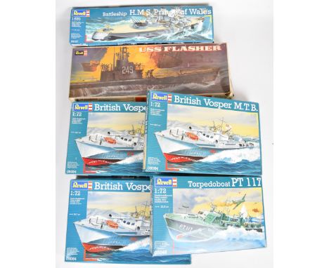 Six Revell 1:72 and 1:570 scale plastic model military ships, boats and submarines to include Torpedo Boat PT 117 05048, Brit