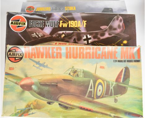 Three Airfix 1:24 scale plastic model aeroplane kits comprising Hawker Hurricane Mk1 14002, Focke Wulf Fw 190A/F 16001 and Ju