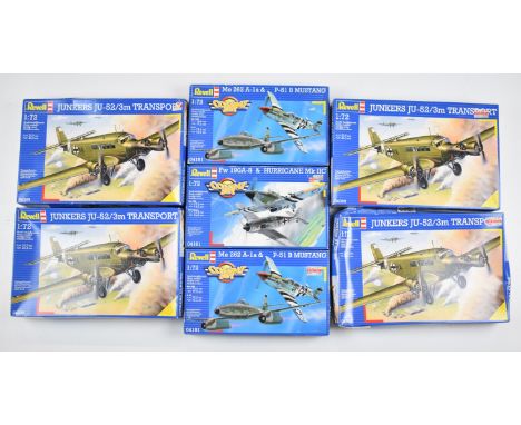 Seven Airfix 1:72 scale plastic model aircraft including Junkers JU-52/3m Transport 04305. Fw 190A-8 Hurricane Mk IIC 04161 a