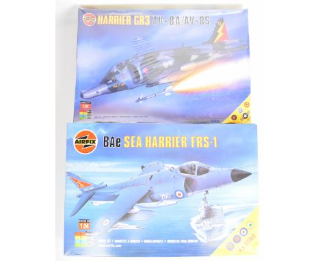 Two Airfix 1:24 scale plastic model jet kits comprising Harrier GR3 AV-8A/AV-8S 18003 and BAe Sea Harrier FRS-1 20001, both i