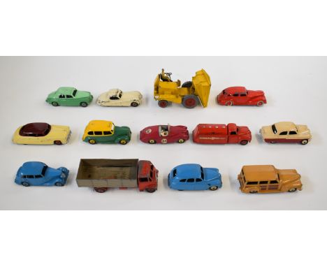 Thirteen vintage Dinky model cars and trucks to include Rover 75, Jaguar, Vanguard, Sunbeam Alpine, Hudson Sedan and Esso Tan