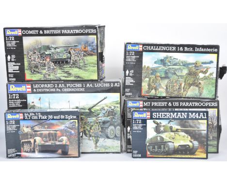 Six Revell 1:72 scale plastic model tank and similar military vehicle kits to include Sherman M4A1 03102, Challenger 1 MBT 03