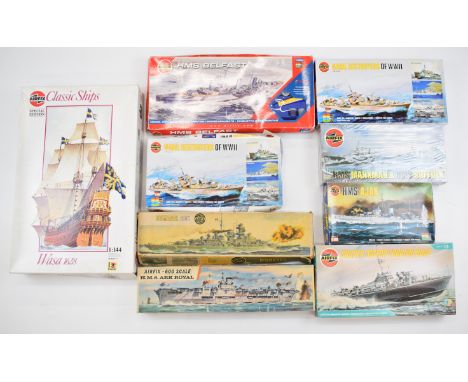Nine Airfix mostly 1:600 scale platic model battleship and boat kits to include HMS Belfast 74212, HMS Ajax 03204 and Bismarc