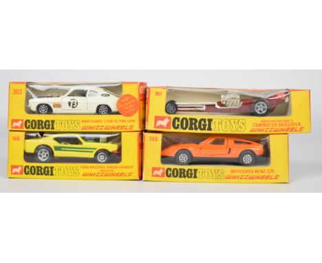 Four Corgi Toys Whizzwheels diecast model cars comprising Roger Clark's 3 Litre V.6 Ford Capri 303, Mercedes-Benz C111 388, S