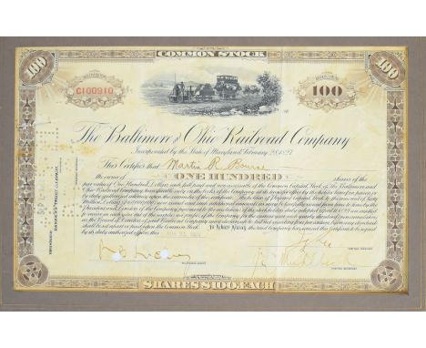 Baltimore and Ohio Railroad Company share certificate for one hundred shares at $ each, signed and dated verso 1920