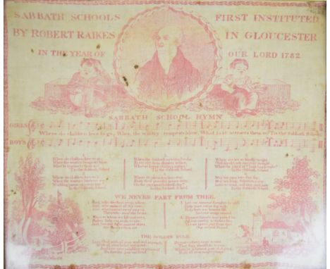 Robert Raikes Sunday School interest framed and printed handkerchief 'Sabbath Schools, First Instituted by Robert Raikes in G