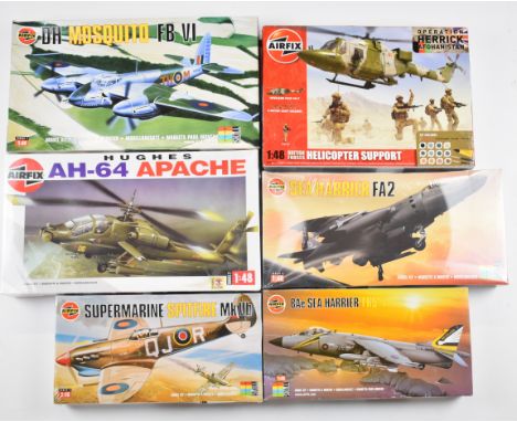 Six Airfix 1:48 scale plastic model aircraft kits to include BAe Sea Harrier FRS-1 05101, Sea Harrier FA2 06100 and Hughes AH