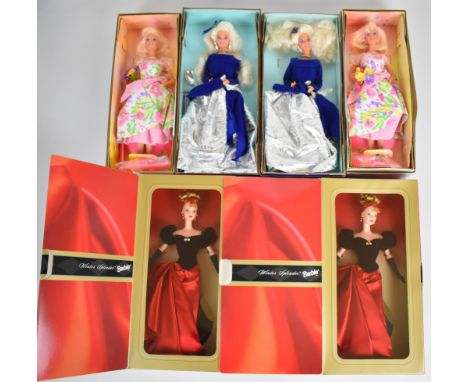 Six Mattel Avon Exclusive Barbie dolls from the Winter Splendor, Spring Petals and Winter Velvet collections, all in original