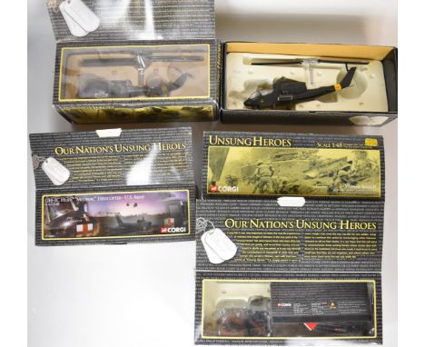 Five Corgi Unsung Heroes Vietnam Series 1:48 scale diecast model helicopters to include AH-1G Cobra and UH 1C Huey Medevac, a